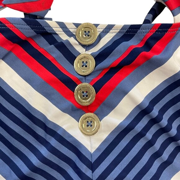 Time Tru L One Piece Swim Suit Red White Blue Patriotic Sailor Cutout Peep Vneck - Picture 3 of 12